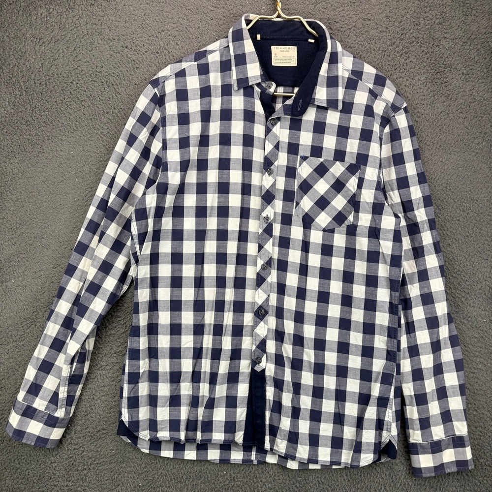 7 Diamonds Mens Navy White Gingham Plaid Long Sleeve Button Down Shirt Large